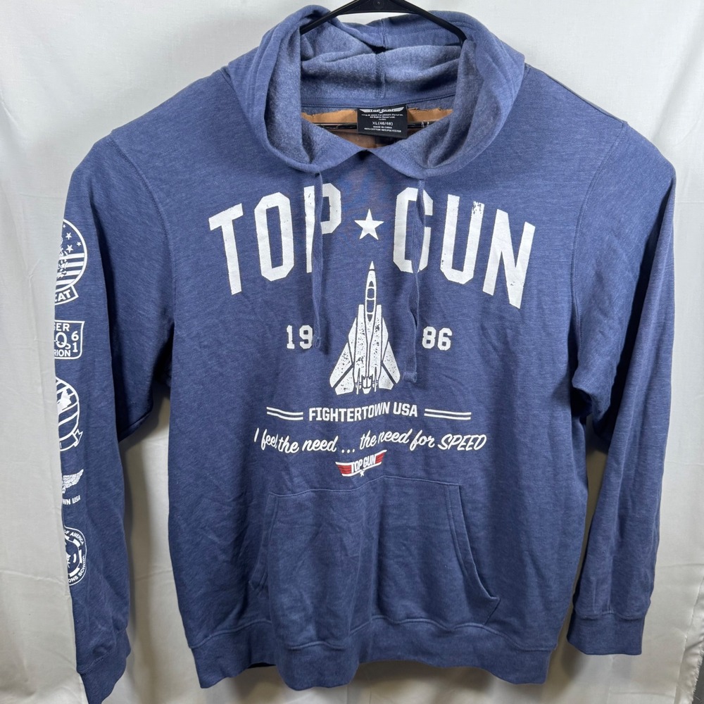 Top Gun Hoodie Mens XL Blue Graphic Sweatshirt 1986 Fightertown F-14 Maverick